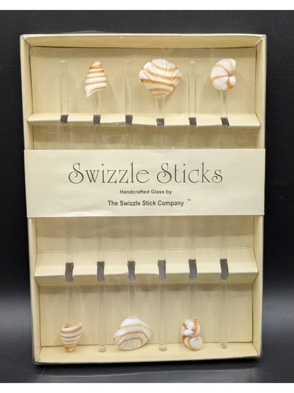 Pier 1 Imports Set Of 6 Swizzle Sticks Drink Stirrers Blown Glass Sea Shells NIB